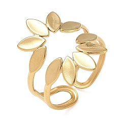 Chapado en Oro Real 18K 304 Anillos abiertos de puño de acero inoxidable, hoja, real 18 k chapado en oro, 16x20.5 mm, diámetro interior: 17 mm