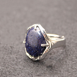 Blue Goldstone Oval Synthetic Blue Goldstone Adjustable Ring, Platinum Alloy Jewelry for Women, Inner Diameter: 18mm