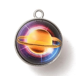 Saddle Brown Galaxy Theme Luminous Glass Ball Pendants, Glow in the Dark, with Platinum Tone Alloy Edge, Saddle Brown, 25x21.5x20~21mm, Hole: 2mm