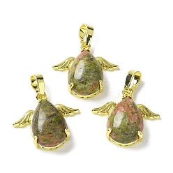 Унакит Природные подвески Unakite, подвески-слезинки с золотистыми латунными крыльями, стойки покрытие, без кадмия и без свинца, 22.5x24.5x9 мм, отверстие : 7.5x4.5 мм