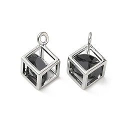Negro Micro latón allanan colgantes cúbicos del zirconia, larga duración plateado, encanto del cubo, Platino, negro, 13x10x7 mm, agujero: 1.5 mm