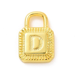 Letter D Eco-friendly Rack Plating Brass Pendants, Cadmium Free & Lead Free, Long-Lasting Plated, Lock with Alphabet, Real 18K Gold Plated, Letter.D, 15x10x3mm, Hole: 3.5x4mm