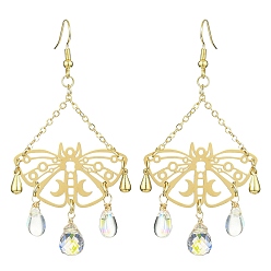 Golden Hollow Butterfly Brass Chandelier Earrings, Glass Long Drop Earrings, Golden, 73x37mm