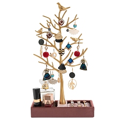 Golden Metal Earring Display Stands, with Wood Basement, Tree of Life, Golden, 18.5x8.5x33cm