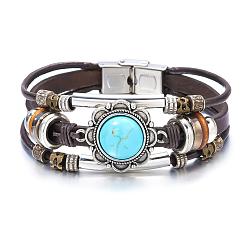 BR23Y0222-4 Ethnic Style Turquoise Jewelry Vintage Floral Diamond Crystal Tube Bead Leather Bracelet
