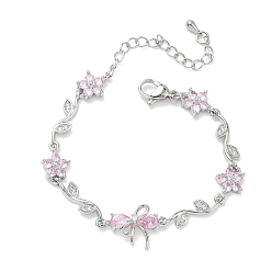 Pink Латунные браслеты-цепочки с микропаве из кубического циркония для женщин, цветок & Bowknot, долговечный, стойки покрытие, без кадмия и без свинца, платина, розовые, 5.51 дюйм (14 см), бант : 13x18x5 мм
