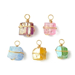 Light Gold Electroplated Natural Quartz Copper Wire Wrapped Pendants, Irregular Shape Charms, Mixed Color, Light Gold, 18~21x12.5~15x11~14.5mm, Hole: 4mm