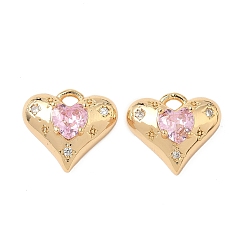 Лавандовый румянец Латунные микро проложить кубического циркония подвески, сердце прелести, реальный 18 k позолоченный, лавандовый румянец, 12x13.5x5 мм, отверстие : 1.4 мм