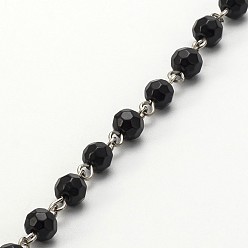 Black Handmade Faceted Round Glass Beads Chains for Necklaces Bracelets Making, with Iron Eye Pin, Unwelded, Black, 39.3 inch, about 94pcs/strand