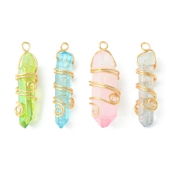 Mixed Color 4Pcs 4 Colors Electroplated Natural Quartz Crystal Pendants, with Light Gold Plated Copper Wire Wrapped Faceted Bullet Charms, Mixed Color, 35.5~36.5x8.5~13x8~12mm, Hole: 2.3mm, 1pc/color