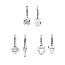 Stainless Steel Color 3 Pair 3 Style Crystal Rhinestone Clover & Lock & Key & Triangle & Flat Round & Heart Asymmetrical Earrings, 304 Stainless Steel Dangle Hoop Earrings for Women, Stainless Steel Color, 27~31mm, Pin: 1mm, 1 Pair/style