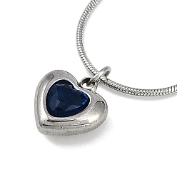 Темно-Синий 304 Женские ожерелья в форме сердца с подвеской из кубического циркония из нержавеющей стали в форме круглой змеи, цвет нержавеющей стали, темно-синий, 17.72~17.91 дюйм (45~45.5 см)