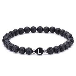 L Natural Volcanic Stone Letter Bracelet with Elastic Cord - 26 English Alphabet Charms for Couples