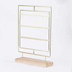 Golden Rotating Iron 3-Tier Earring Display Stand, for Hanging Dangle Earring, with Wood Pedestal, Rectangle, Golden, 25.3x35.6x7.4cm
