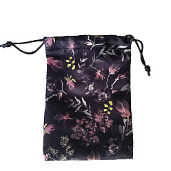 Black Lint Packing Pouches Drawstring Bags, Birthday Gift Storage Bags, Rectangle with Flower Pattern, Black, 18x13cm