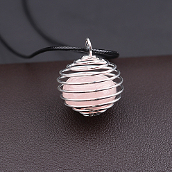 Rose Quartz Natural Rose Quartz Cage Pendant Necklace, Silver Plated Alloy Wire Wrap Necklace with Waxed Cord, 22.83 inch(58cm)