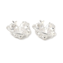 Прозрачный Латунные бусины из фианита, планета-сердце со звездой, 925 серебро покрытием, прозрачные, 9x14x8 мм, отверстие : 1.5 мм