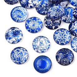 Steel Blue Blue and White Floral Printed Glass Cabochons, Half Round/Dome, Steel Blue, 14x5mm