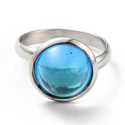 Темно-Голубой K9 стеклянное плоское круглое кольцо на палец, 304 женские украшения из нержавеющей стали, цвет нержавеющей стали, глубокое синее небо, размер США 7 3/4 (17.9 мм), кольцо поверхность: 14x7mm