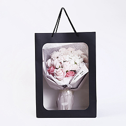 Black Flower Bouquet Paper Gift Bags, Portable Kraft Paper Tote Shopping Bag, with PVC Transparent Window and Handles, Party Gift Wrapping Bags, Rectangle, Black, 18x13x25cm