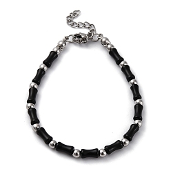 Черный 304 браслеты из нержавеющей стали с бусинами для женщин, колонка, со стеклянными и стальными бусинами, чёрные, 7-1/8 дюйм (18.1 см)