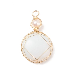 Opalite Opalite Pendants, with Golden Tone Copper Wire Wrapped and Natural Cultured Freshwater Pearl, Oval, 34x21x8mm, Hole: 3.7mm