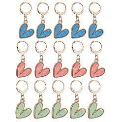 Mixed Color Heart Pendant Stitch Markers, Alloy Enamel & 304 Stainless Steel Crochet Leverback Hoop Charms, Locking Stitch Marker, Mixed Color, 35mm, 15pcs/set