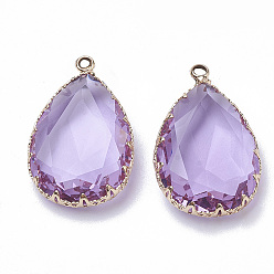Лиловый K 9 стеклянные подвески, с фурнитурой латунной золотого тона, граненые, слеза, сирень, 29~30x19x6~8.5 мм, отверстие : 2 мм