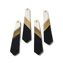 Black Opaque Resin & Walnut Wood Pendants, Hexagon Tie Charms, Black, 49x12x3mm, Hole: 2mm