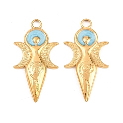 Светло-Голубой 304 нержавеющей стальной эмали подвески, оберег тройной богини луны, реальный 18 k позолоченный, ионное покрытие (ip), долговечный, Небесно-голубой, 31x16x2.5 мм, отверстие : 2.8 мм