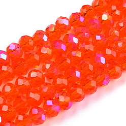 Orange Red Electroplate Glass Beads Strands, Half Rainbow Plated, Faceted, Rondelle, Orange Red, 6x5mm, Hole: 1mm, about 85~88pcs/strand, 16.1~16.5 inch(41~42cm)