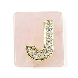 Letter J Природного розового кварца подвески, прямоугольные подвески с латунной микропаве прозрачной кубической циркониевой буквой, реальный 18 k позолоченный, долговечный, стойки покрытие, буква J, 21x18x5 мм, отверстие : 1.4 мм