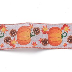 Coral 10M Thanksgiving Day Theme Wired Linen Ribbon, Pumpkin & Pine Cone Pattern, Coral, 2-1/2 inch(63mm), about 10.94 Yards(10m)/Roll