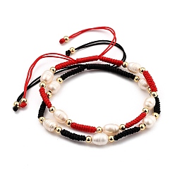 Mixed Color Adjustable Nylon Thread Braided Beads Bracelets Sets, with Natural Cultured Freshwater Pearl Beads and Brass Beads, Real 18K Gold Plated, Mixed Color, Inner Diameter: 6~9cm(2-3/8~3-1/2 inch), 2pcs/set