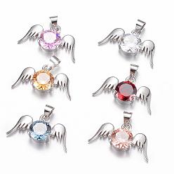 Mixed Color Brass Cubic Zirconia Pendant, Angel Wings, Platinum, Mixed Color, 11.5x21x5mm, Hole: 4x5mm