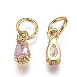 Pink Brass Micro Pave Cubic Zirconia Charms, with Jump Ring, Long-Lasting Plated, Real 18K Gold Plated, Faceted, Teardrop, Pink, 8x3x3mm, Hole: 3mm