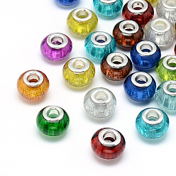 Mixed Color Resin European Beads, Large Hole Beads, with Silver Color Plated Brass Cores, Rondelle Large Hole Beads, Mixed Color, 13.5x9~9.5mm, Hole: 5mm