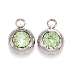Светло-зеленый 304 прелести нержавеющей стали, плоский круглый со стеклянным горным хрусталем, цвет нержавеющей стали, светло-зеленый, 14x10x6 мм, отверстие : 2.5 мм