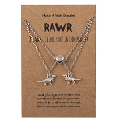 Style 2 Alloy Dinosaur Pendant Heart Magnetic Clasp Couple Necklace Set with Blessing Card