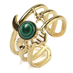 Малахит Синтетические малахит кольца палец, Кольцо для руки Хамса 304 Многослойные открытые манжетные кольца из нержавеющей стали с ионным покрытием (IP), реальный 18 k позолоченный, 15 мм, регулируемый