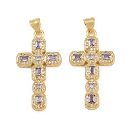 Violet Micro cuivres ouvrent pendentifs zircone cubique, breloques en forme de croix octogonale, sans cadmium et sans plomb, or, violette, 32x17.5x4mm, Trou: 5x3mm