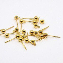 Golden Brass Ball Post Ear Studs, Stud Earring Findings, with Loop, Golden, 15x4mm, Hole: 1mm