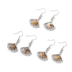 Пейзажный Джаспер Серьги-подвески с натуральным изображением листьев гинкго и яшмы с кристаллами и стразами, платиновые латунные украшения для женщин, 40 мм, штифты : 0.6 мм