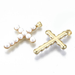Real 16K Gold Plated Brass Pendants, with Jump Rings and ABS Plastic Imitation Pearl, Nickel Free, Cross, Real 16K Gold Plated, 40x27x6mm, Hole: 3x5mm