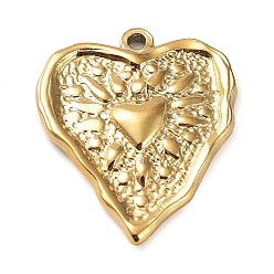 Real 18K Gold Plated Ion Plating(IP) 304 Stainless Steel Pendants, Textured, Heart Charm, Real 18K Gold Plated, 25.5x21x3mm, Hole: 1.6mm
