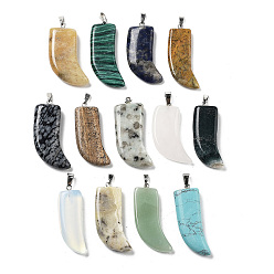 Mixed Stone Natural & Synthetic Mixed Gemstone Pendants, Horn Charms with Platinum Plated Iron Snap on Bails, 38~44x14~25x5~8mm, Hole: 6x3mm