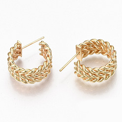 Real 18K Gold Plated Brass Half Hoop Earrings, Stud Earring, Twist Ring, Nickel Free, Real 18K Gold Plated, 22x19x8.5mm, Pin: 0.7mm