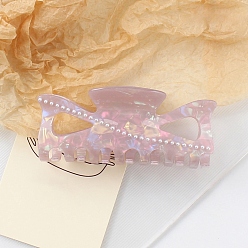 Pink Bowknot Cellulose Acetate Large Claw Hair Clips, with Plastic Imitation Pearl Beads, for Women Girl Thick Hair, Pink, 60x140x68mm