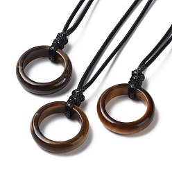 Tiger Eye Natural Tiger Eye Ring Pendant Necklace with Waxed Cords, 29.53~29.92 inch(75~76cm), Pendant: 24x6mm