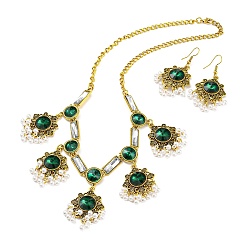 Antique Golden Bohemia Style Alloy Flower Jewelry Set, Acrylic Imitation Turquoise Beaded Dangle Earrings & Bib Necklace, Antique Golden, Necklaces: 470mm; Earring: 56x27mm
